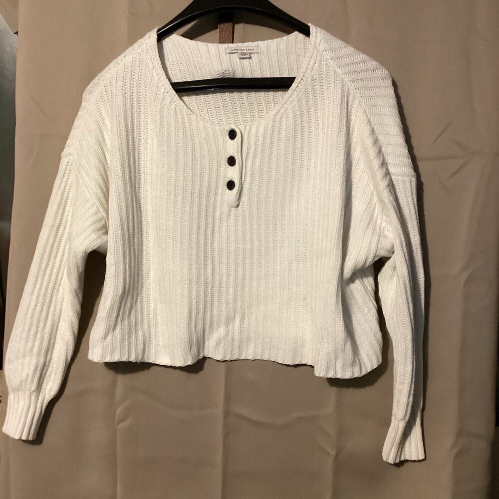 Women’s America Eagle Cable Knit Sweater Cropped Qtr. Button Up White SZ M
